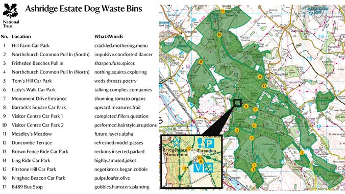 Map of dog waste bins at Ashridge Estate